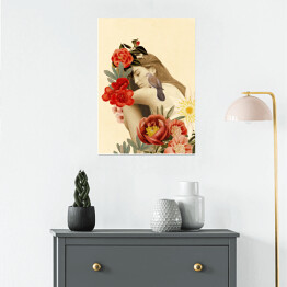 Plakat samoprzylepny Kobieta z kwiatami i ptakiem na ramieniu