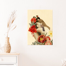 Plakat Kobieta z kwiatami i ptakiem na ramieniu