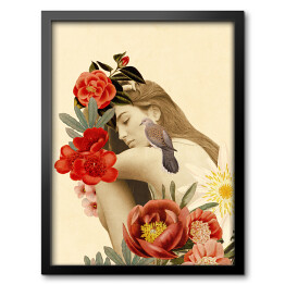 Obraz w ramie Kobieta z kwiatami i ptakiem na ramieniu