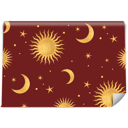 Tapeta samoprzylepna w rolce Słońce, księżyc, gwiazdy - kompozycja na bordowym tle