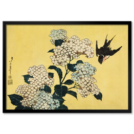 Plakat w ramie Hortensja i jaskółka. Hokusai Katsushika. Reprodukcja