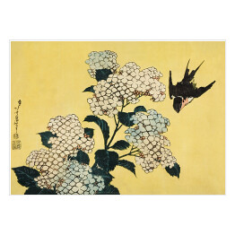 Plakat samoprzylepny Hortensja i jaskółka. Hokusai Katsushika. Reprodukcja