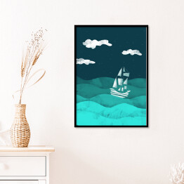 Plakat w ramie Statek na morzu, noc - ilustracja
