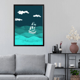 Obraz w ramie Statek na morzu, noc - ilustracja
