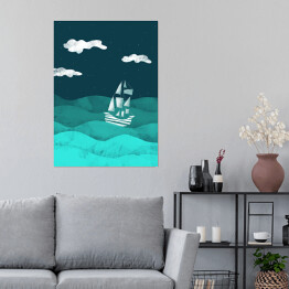 Plakat Statek na morzu, noc - ilustracja