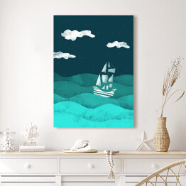 Obraz na płótnie Statek na morzu, noc - ilustracja