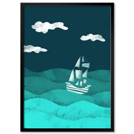Plakat w ramie Statek na morzu, noc - ilustracja