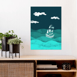 Statek na morzu, noc - ilustracja
