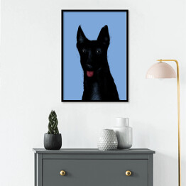 Plakat w ramie Czarny pies na niebieskim tle