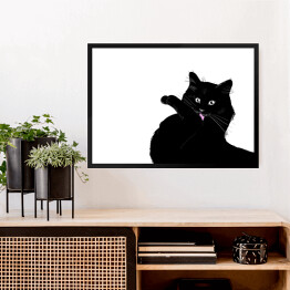 Obraz w ramie Czarny kot myjący łapkę
