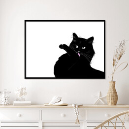 Plakat w ramie Czarny kot myjący łapkę
