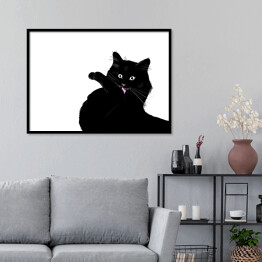 Plakat w ramie Czarny kot myjący łapkę