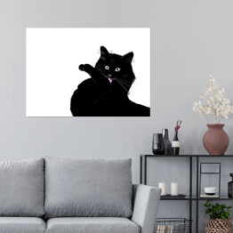 Plakat samoprzylepny Czarny kot myjący łapkę