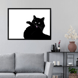 Obraz w ramie Czarny kot myjący łapkę
