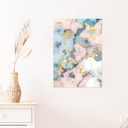 Plakat samoprzylepny Marmur w odcieniach różu i błękitu z akcentami w kolorze złotym