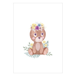 Plakat Miś i fioletowe kwiaty - dziecięcy las