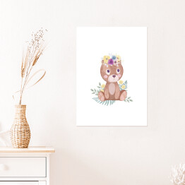 Plakat Miś i fioletowe kwiaty - dziecięcy las