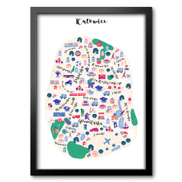 Obraz w ramie Kolorowa mapa Katowic z symbolami