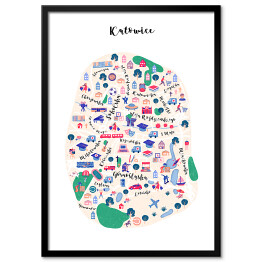 Plakat w ramie Kolorowa mapa Katowic z symbolami