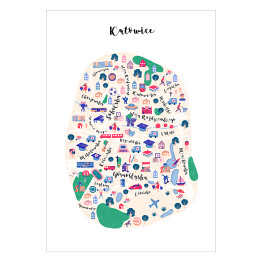 Plakat samoprzylepny Kolorowa mapa Katowic z symbolami