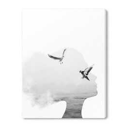 Obraz na płótnie Głowa kobiety, morze, ptaki