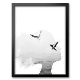 Obraz w ramie Głowa kobiety, morze, ptaki