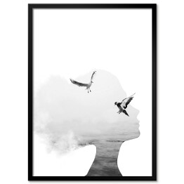 Plakat w ramie Głowa kobiety, morze, ptaki