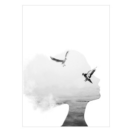 Głowa kobiety, morze, ptaki