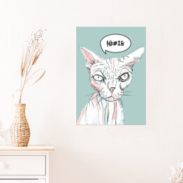 Plakat samoprzylepny Łysy kot na miętowym tle - ilustracja