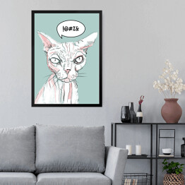 Obraz w ramie Łysy kot na miętowym tle - ilustracja