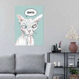 Plakat Łysy kot na miętowym tle - ilustracja