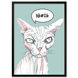 Plakat w ramie Łysy kot na miętowym tle - ilustracja