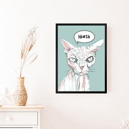 Obraz w ramie Łysy kot na miętowym tle - ilustracja