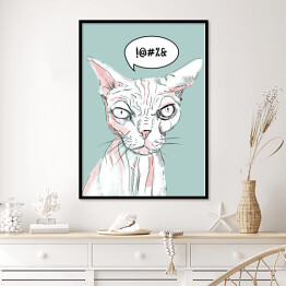 Plakat w ramie Łysy kot na miętowym tle - ilustracja