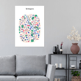 Plakat samoprzylepny Kolorowa mapa Warszawy z symbolami