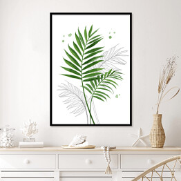Plakat w ramie Zielone liście palmy na tle szkicu motywu roślinnego