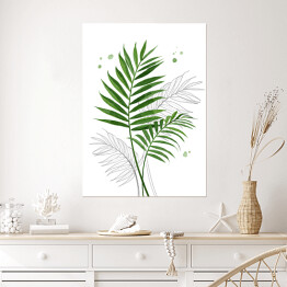 Plakat Zielone liście palmy na tle szkicu motywu roślinnego
