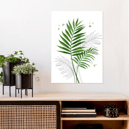 Plakat samoprzylepny Zielone liście palmy na tle szkicu motywu roślinnego