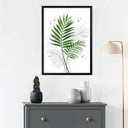 Obraz w ramie Zielone liście palmy na tle szkicu motywu roślinnego