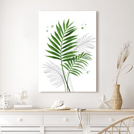 Obraz klasyczny Zielone liście palmy na tle szkicu motywu roślinnego