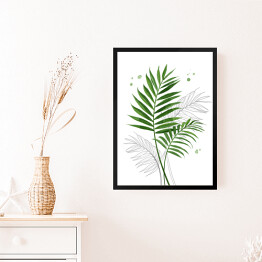 Obraz w ramie Zielone liście palmy na tle szkicu motywu roślinnego