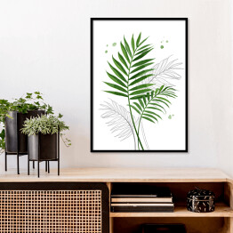 Plakat w ramie Zielone liście palmy na tle szkicu motywu roślinnego