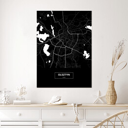 Plakat samoprzylepny Mapa Olsztyna czarno-biała z napisem na czarnym tle