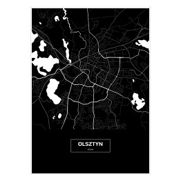 Plakat samoprzylepny Mapa Olsztyna czarno-biała z napisem na czarnym tle