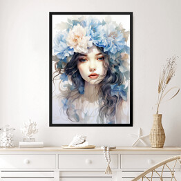 Obraz w ramie Portret kobieta z błękitnymi kwiatami