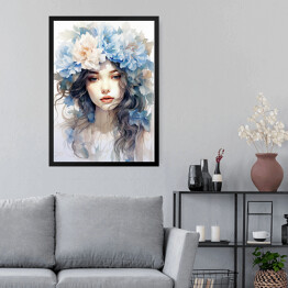Obraz w ramie Portret kobieta z błękitnymi kwiatami