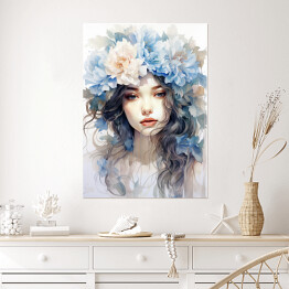 Plakat Portret kobieta z błękitnymi kwiatami