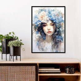 Plakat w ramie Portret kobieta z błękitnymi kwiatami