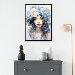 Plakat w ramie Portret kobieta z błękitnymi kwiatami