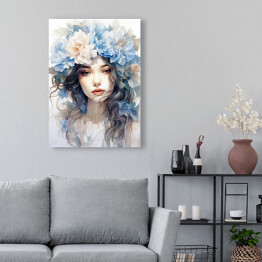 Obraz klasyczny Portret kobieta z błękitnymi kwiatami